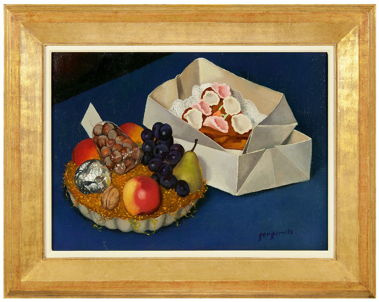 Gerrits G.J. | Gerrit Jacobus 'Ger' Gerrits | Schilderijen te koop aangeboden | Stilleven met fruitmand en taart, olieverf op doek 36,2 x 50,2 cm, gesigneerd rechtsonder en te dateren mei 1944 Gerrits G.J. | Gerrit Jacobus 'Ger' Gerrits | Schilderijen te koop aangeboden | Stilleven met fruitmand en taart, olieverf op doek 36,2 x 50,2 cm, gesigneerd rechtsonder en te dateren mei 1944