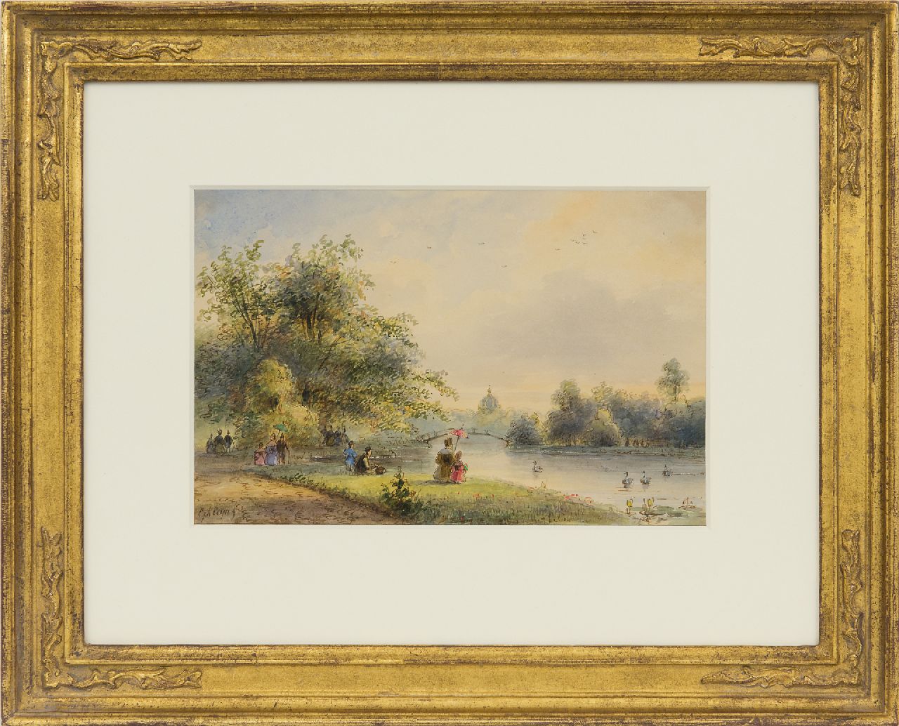 Kleijn L.J. | Lodewijk Johannes Kleijn | Aquarellen en tekeningen te koop aangeboden | Wandelaars bij de vijver van Huis ten Bosch in Den Haag, aquarel op papier 14,0 x 21,5 cm, gesigneerd linksonder en op opzetvel Kleijn L.J. | Lodewijk Johannes Kleijn | Aquarellen en tekeningen te koop aangeboden | Wandelaars bij de vijver van Huis ten Bosch in Den Haag, aquarel op papier 14,0 x 21,5 cm, gesigneerd linksonder en op opzetvel