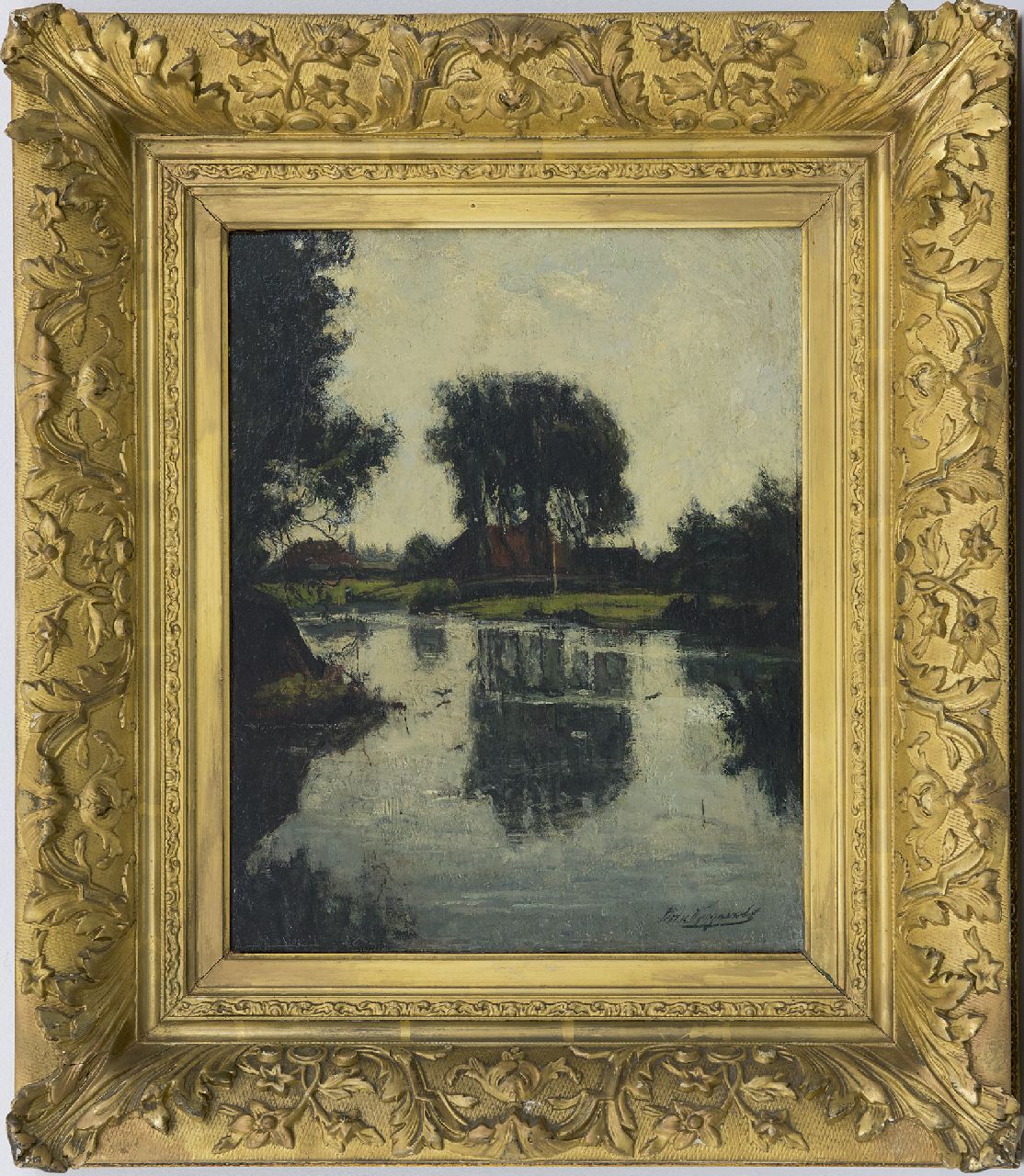 Wijngaerdt P.T. van | Petrus Theodorus 'Piet' van Wijngaerdt, Boerderij met bomen aan het water, olieverf op doek 35,0 x 28,0 cm, gesigneerd rechtsonder en te dateren ca. 1908-1909
