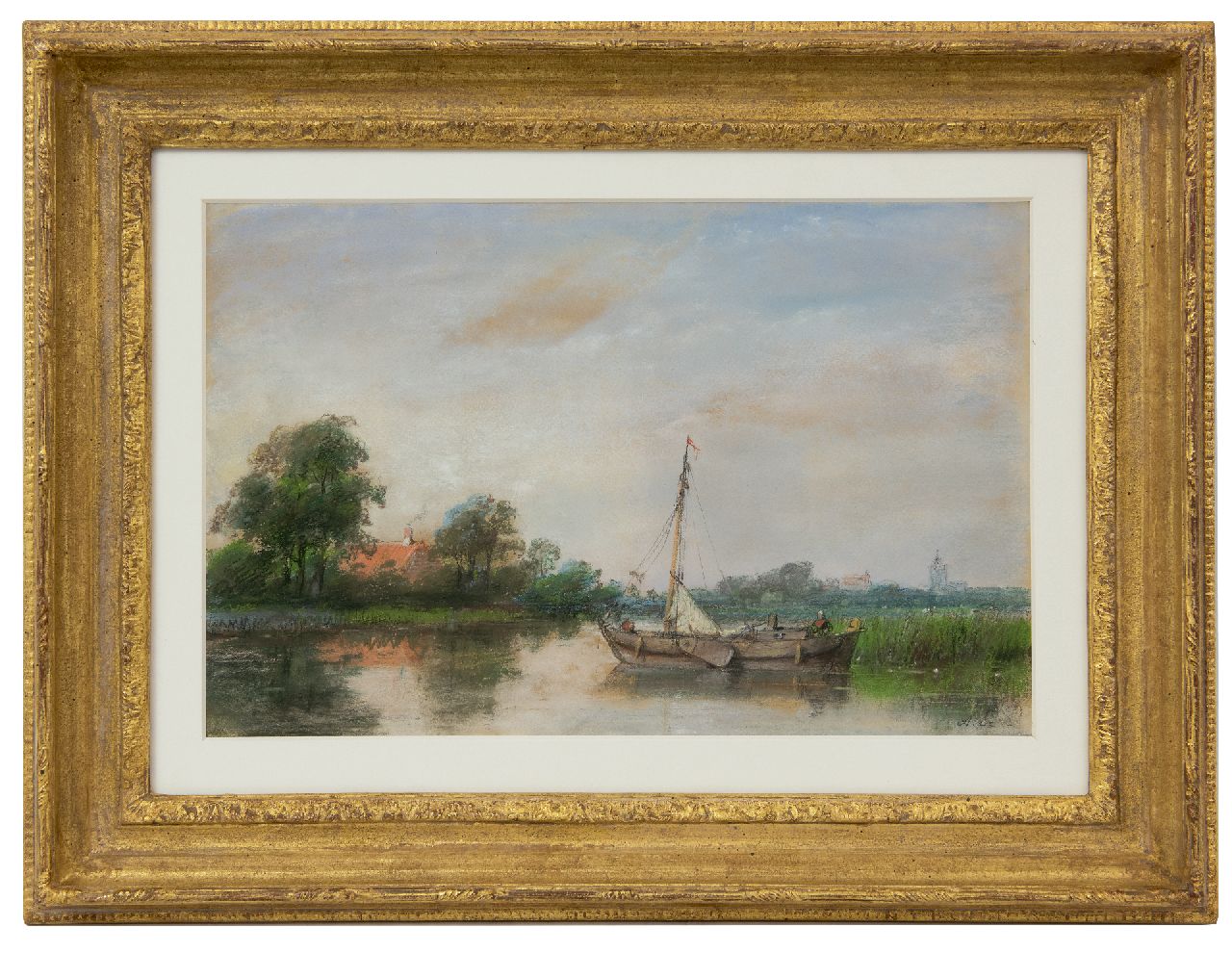Schelfhout A. | Andreas Schelfhout, Platbodem voor anker bij een rietkraag, potlood en pastel op papier 24,3 x 37,5 cm, gesigneerd rechtsonder met initialen Schelfhout A. | Andreas Schelfhout, Platbodem voor anker bij een rietkraag, potlood en pastel op papier 24,3 x 37,5 cm, gesigneerd rechtsonder met initialen