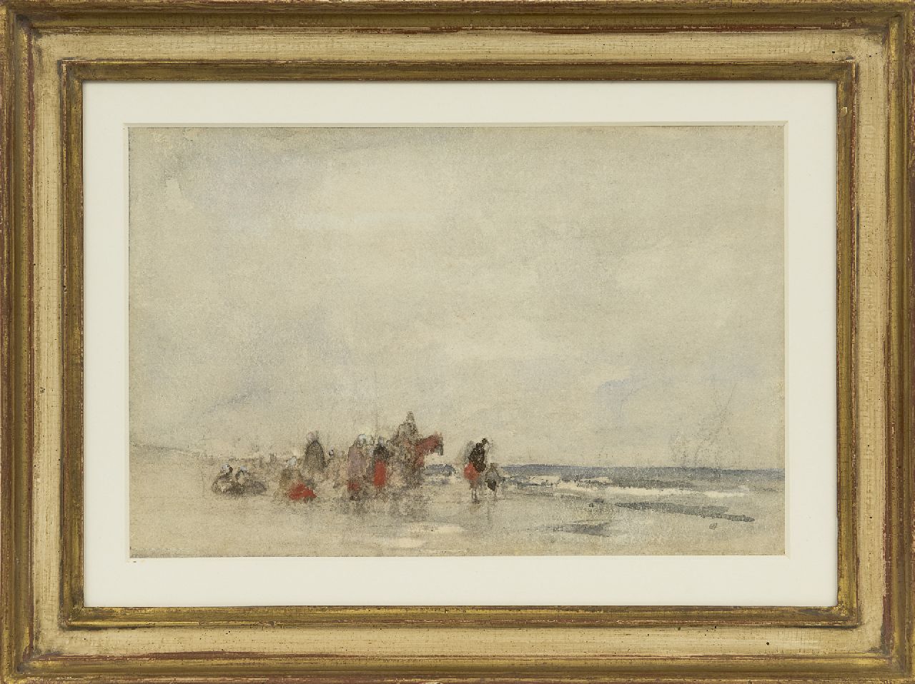 Maris J.H. | Jacobus Hendricus 'Jacob' Maris, Strand met wachtende vissersvrouwen rondom de lijnhaler, krijt en aquarel op papier 21,0 x 28,7 cm Maris J.H. | Jacobus Hendricus 'Jacob' Maris, Strand met wachtende vissersvrouwen rondom de lijnhaler, krijt en aquarel op papier 21,0 x 28,7 cm