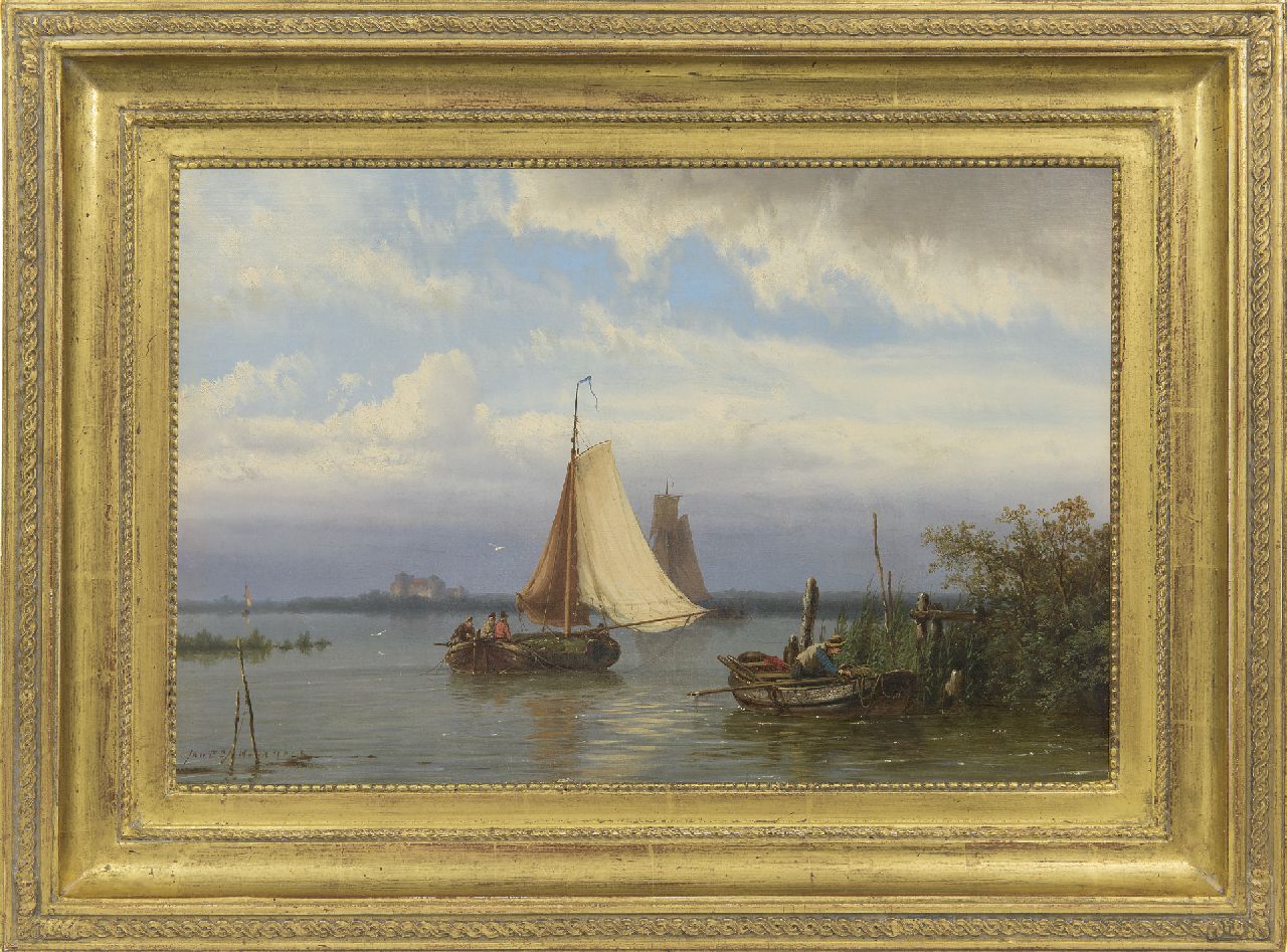 Koekkoek J.H.B. | Johannes Hermanus Barend 'Jan H.B.' Koekkoek, Schepen op een rivier bij kalm weer, olieverf op doek 31,4 x 47,3 cm, gesigneerd linksonder Koekkoek J.H.B. | Johannes Hermanus Barend 'Jan H.B.' Koekkoek, Schepen op een rivier bij kalm weer, olieverf op doek 31,4 x 47,3 cm, gesigneerd linksonder