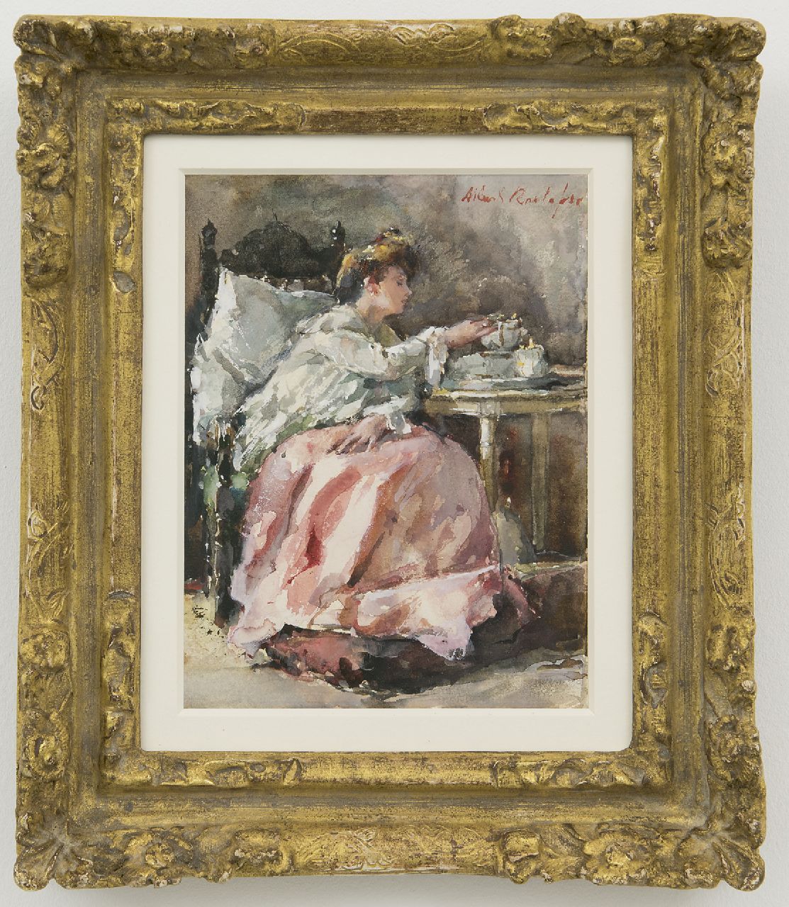 Roelofs O.W.A.  | Otto Willem Albertus 'Albert' Roelofs, La reconvalescente, aquarel en gouache op papier 17,0 x 12,8 cm, gesigneerd rechtsboven