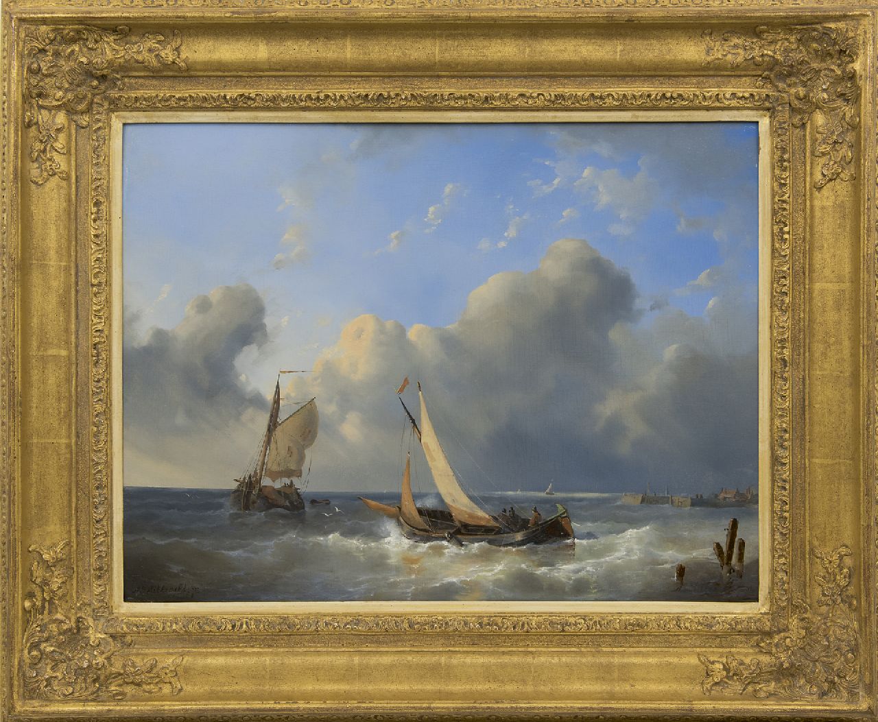 Hilleveld A.D.  | Adrianus David Hilleveld, Laverende zeilschepen voor een haveningang, olieverf op paneel 42,5 x 56,5 cm, gesigneerd linksonder en rechtsonder en gedateerd '54