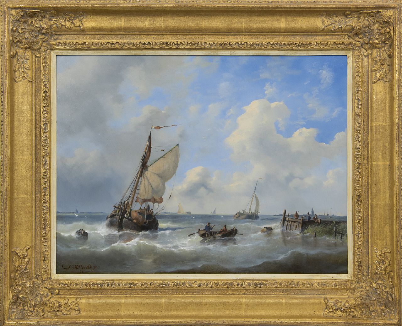Hilleveld A.D. | Adrianus David Hilleveld | Schilderijen te koop aangeboden | Zeilschepen bij een havenhoofd, olieverf op paneel 43,1 x 56,5 cm, gesigneerd linksonder en gedateerd '54 Hilleveld A.D. | Adrianus David Hilleveld | Schilderijen te koop aangeboden | Zeilschepen bij een havenhoofd, olieverf op paneel 43,1 x 56,5 cm, gesigneerd linksonder en gedateerd '54