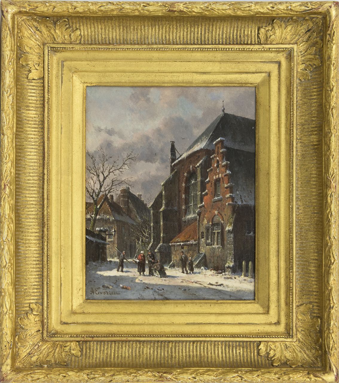 Eversen A. | Adrianus Eversen, Winters stadsgezicht met figuren, olieverf op paneel 25,0 x 19,5 cm, gesigneerd linksonder Eversen A. | Adrianus Eversen, Winters stadsgezicht met figuren, olieverf op paneel 25,0 x 19,5 cm, gesigneerd linksonder