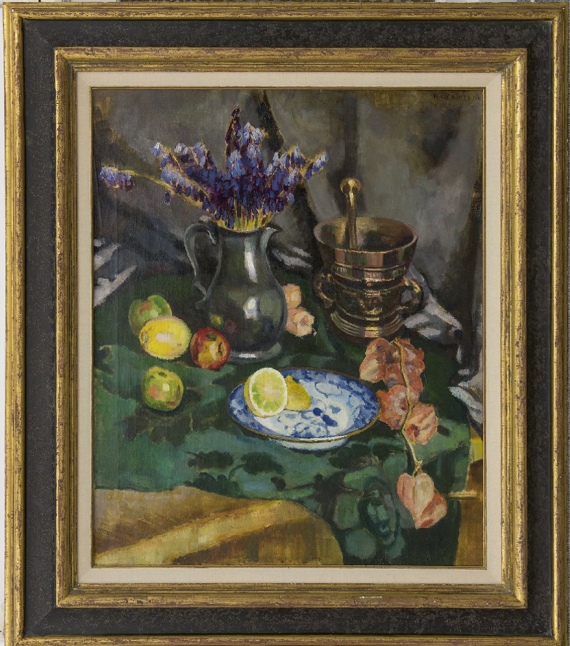 Santen A.J. van | Anna Jacoba 'Hans' van Santen, Stilleven met bloemen, citroen en vijzel, olieverf op doek 62,0 x 75,0 cm, gesigneerd rechtsboven Santen A.J. van | Anna Jacoba 'Hans' van Santen, Stilleven met bloemen, citroen en vijzel, olieverf op doek 62,0 x 75,0 cm, gesigneerd rechtsboven
