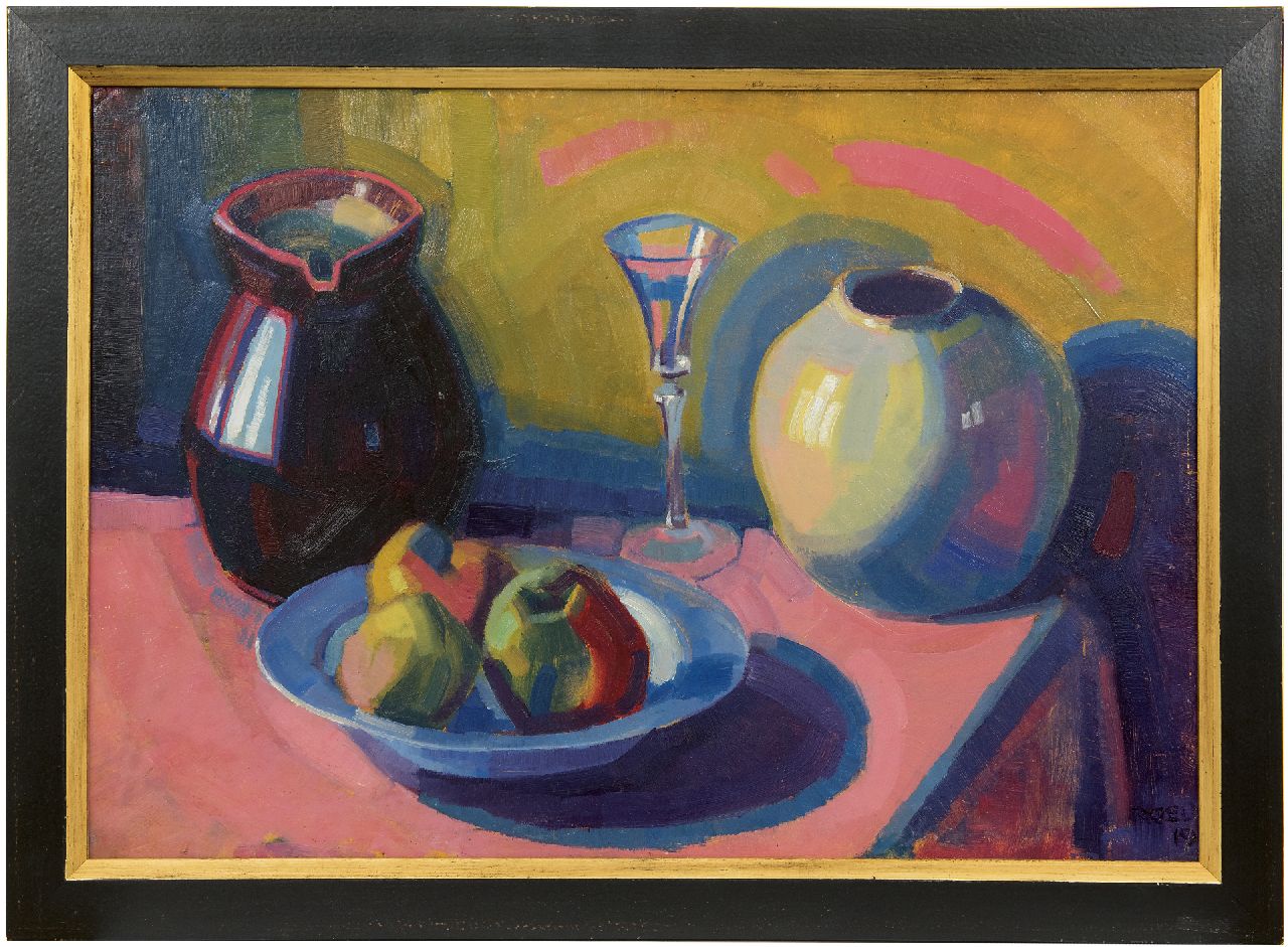 Koning R.  | Roeland Koning, Stilleven met schaal met appels, olieverf op paneel 49,6 x 71,0 cm, gesigneerd rechtsonder gedeeltelijk en gedateerd '19
