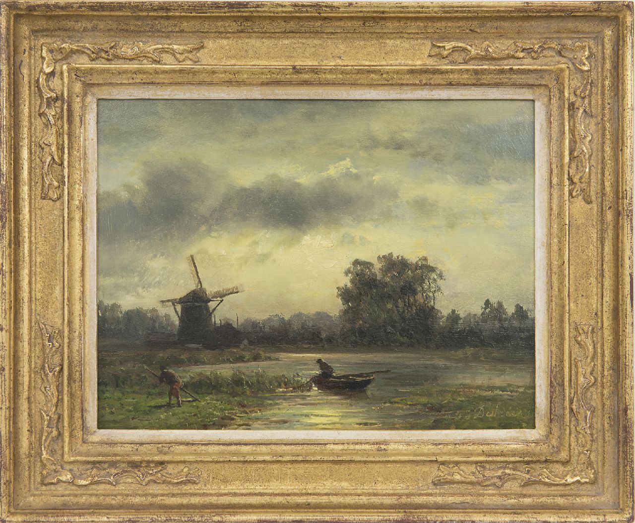 Destrée J.J. | Johannes Josephus Destrée, Waterlandschap met maaiende boer en visser bij een molen, olieverf op paneel 14,2 x 18,6 cm, gesigneerd rechtsonder Destrée J.J. | Johannes Josephus Destrée, Waterlandschap met maaiende boer en visser bij een molen, olieverf op paneel 14,2 x 18,6 cm, gesigneerd rechtsonder