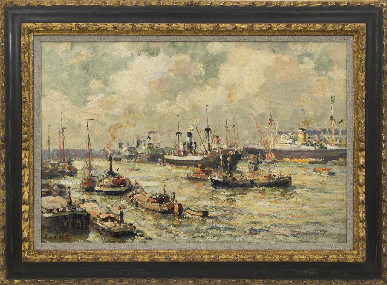 Moll E.  | Evert Moll | Schilderijen te koop aangeboden | Bedrijvigheid in de haven van Rotterdam, olieverf op doek 40,1 x 60,5 cm, gesigneerd linksonder