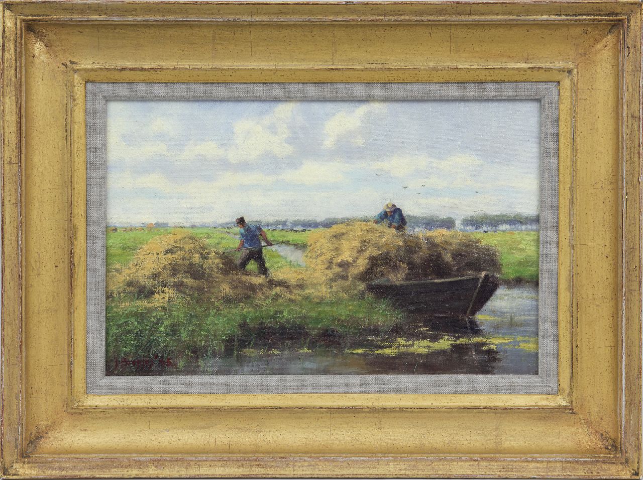 Holtrup J.  | Jan Holtrup, Hooitijd bij Akkrum, olieverf op doek op paneel 18,5 x 28,6 cm, gesigneerd linksonder gesigneerd 'J. Poepjes' en gedateerd '45