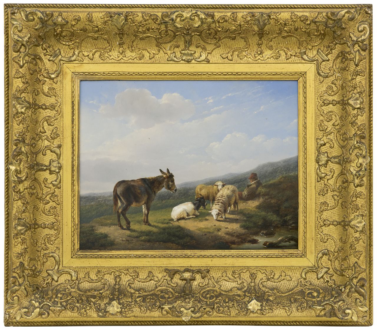 Verboeckhoven E.J. | Eugène Joseph Verboeckhoven, Rustende herder met schapen, bok en ezel, olieverf op paneel 24,7 x 32,2 cm, gesigneerd linksonder Verboeckhoven E.J. | Eugène Joseph Verboeckhoven, Rustende herder met schapen, bok en ezel, olieverf op paneel 24,7 x 32,2 cm, gesigneerd linksonder