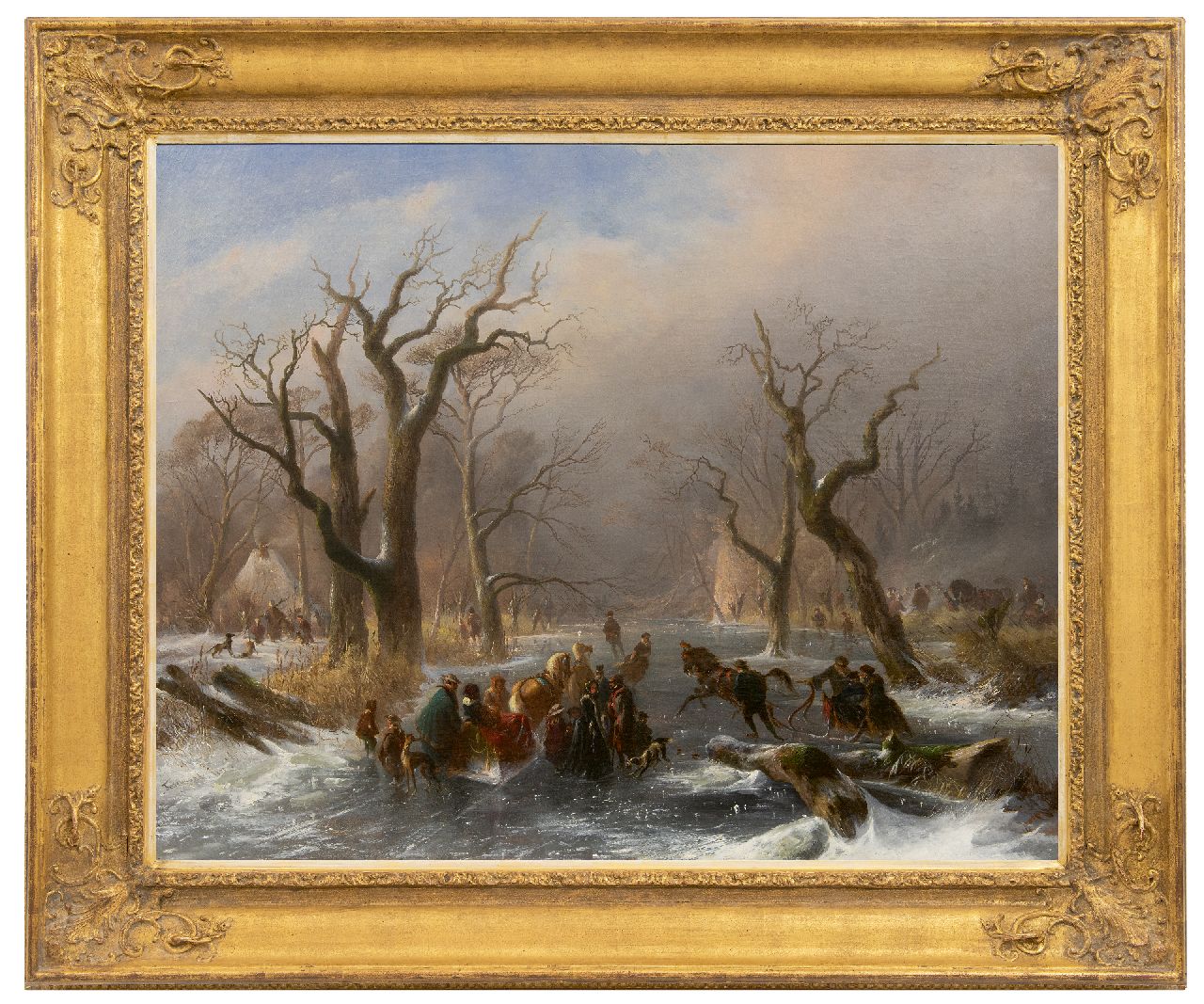 Tavenraat J. | Johannes Tavenraat, Schaatsers en arrenslede op een bevroren bosbeek bij Kleef, olieverf op doek 76,1 x 94,2 cm, gesigneerd linksonder en gedateerd 1857 Tavenraat J. | Johannes Tavenraat, Schaatsers en arrenslede op een bevroren bosbeek bij Kleef, olieverf op doek 76,1 x 94,2 cm, gesigneerd linksonder en gedateerd 1857