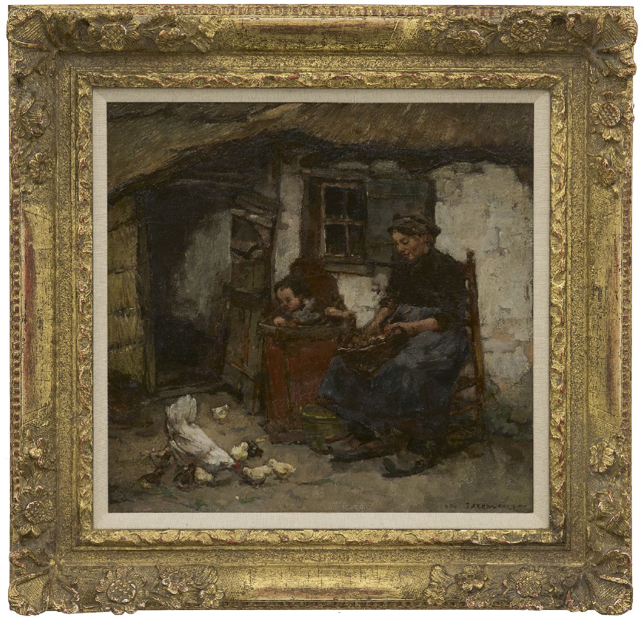 Akkeringa J.E.H.  | 'Johannes Evert' Hendrik Akkeringa | Schilderijen te koop aangeboden | Zomermiddag op het erf, Heeze, olieverf op doek op paneel 34,9 x 36,3 cm, gesigneerd rechtsonder en gedateerd 1904