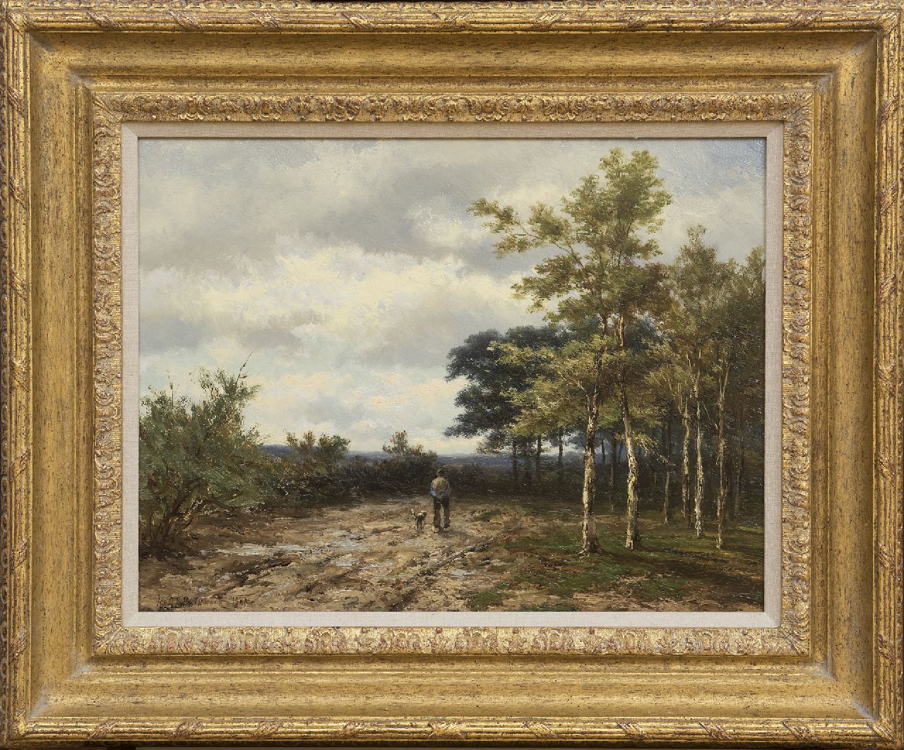 Koekkoek J.H.B. | Johannes Hermanus Barend 'Jan H.B.' Koekkoek | Schilderijen te koop aangeboden | Wandelende boer met hond, olieverf op paneel 38,1 x 49,8 cm, gesigneerd linksonder en gedateerd 1898 Koekkoek J.H.B. | Johannes Hermanus Barend 'Jan H.B.' Koekkoek | Schilderijen te koop aangeboden | Wandelende boer met hond, olieverf op paneel 38,1 x 49,8 cm, gesigneerd linksonder en gedateerd 1898