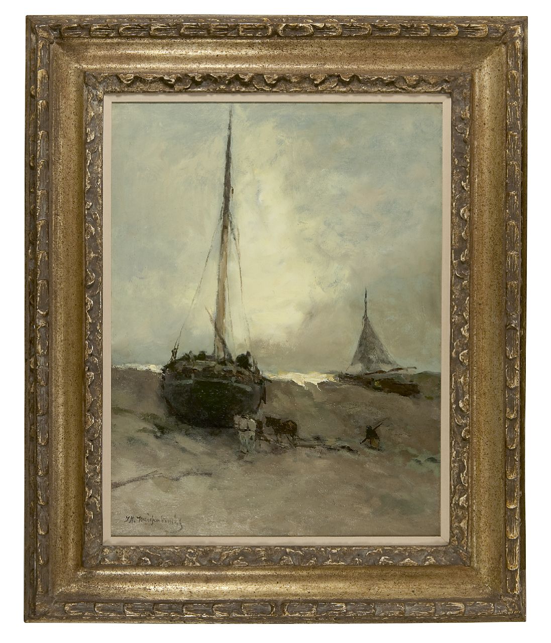 Weissenbruch H.J. | Hendrik Johannes 'J.H.' Weissenbruch, Bomschuiten op het strand, olieverf op doek 56,0 x 43,0 cm, gesigneerd linksonder Weissenbruch H.J. | Hendrik Johannes 'J.H.' Weissenbruch, Bomschuiten op het strand, olieverf op doek 56,0 x 43,0 cm, gesigneerd linksonder