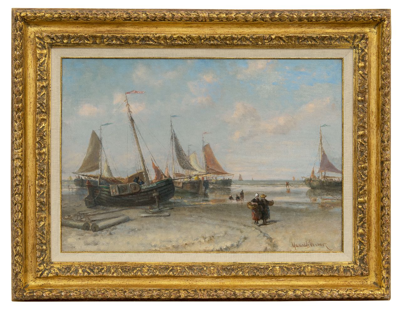 Verveer M.L. | Mozes Leonardus 'Maurits' Verveer | Schilderijen te koop aangeboden | Vissersvrouwen bij pinken langs de vloedlijn, olieverf op doek 38,8 x 54,9 cm, gesigneerd rechtsonder en verso Verveer M.L. | Mozes Leonardus 'Maurits' Verveer | Schilderijen te koop aangeboden | Vissersvrouwen bij pinken langs de vloedlijn, olieverf op doek 38,8 x 54,9 cm, gesigneerd rechtsonder en verso