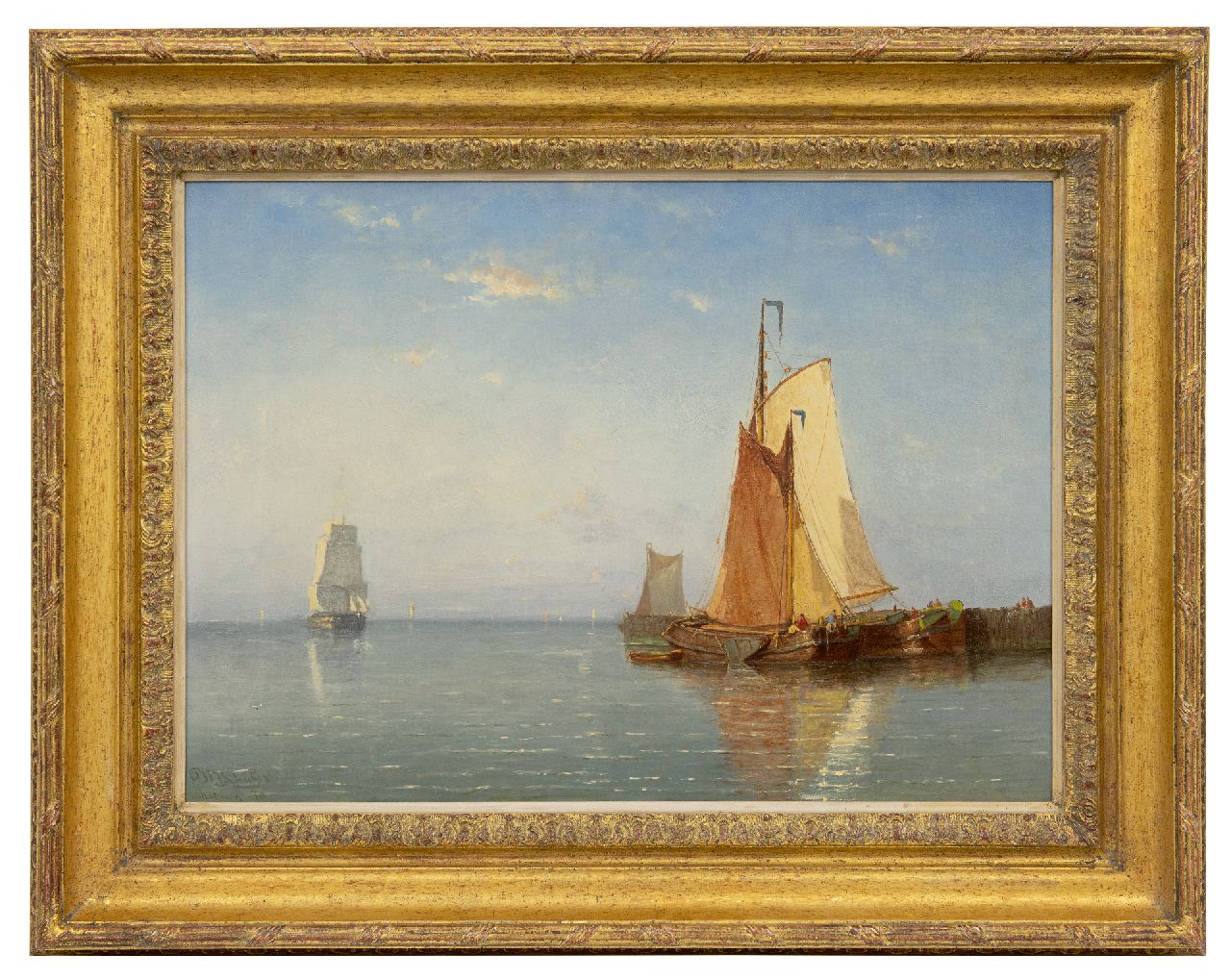 Schütz W.J. | Willem Johannes Schütz, Afgemeerde platbodems bij kalm weer (alleen samen met pendant van 11254), olieverf op doek 42,3 x 58,8 cm, gesigneerd linksonder en gedateerd '78 Schütz W.J. | Willem Johannes Schütz, Afgemeerde platbodems bij kalm weer (alleen samen met pendant van 11254), olieverf op doek 42,3 x 58,8 cm, gesigneerd linksonder en gedateerd '78