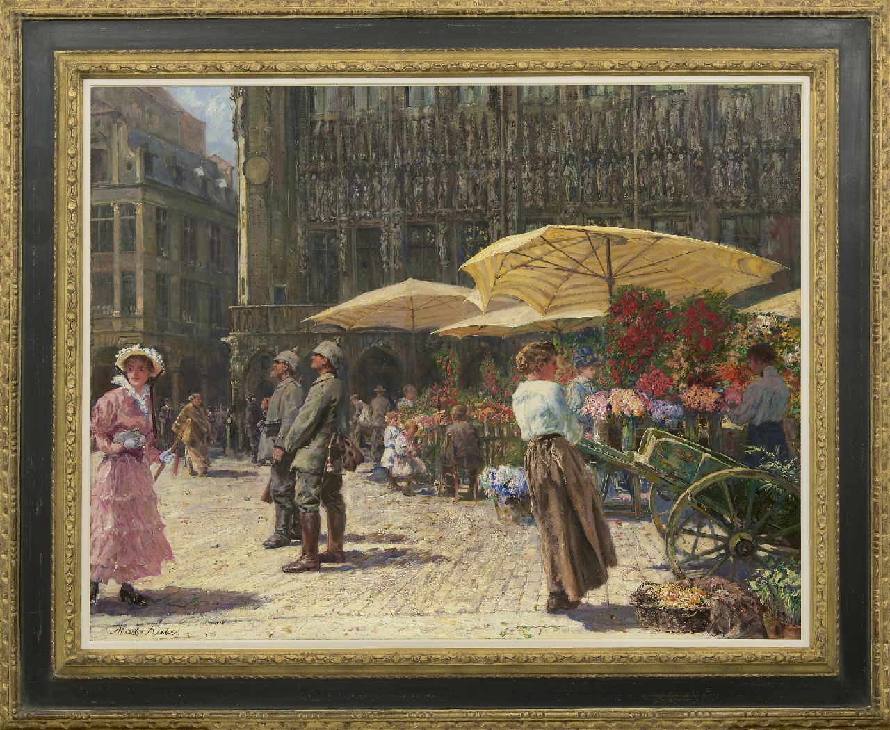 Rabes M.F.F. | 'Max' Friedrich Ferdinand Rabes, Bloemenmarkt in Brussel, olieverf op doek 80,2 x 100,2 cm, gesigneerd linksonder Rabes M.F.F. | 'Max' Friedrich Ferdinand Rabes, Bloemenmarkt in Brussel, olieverf op doek 80,2 x 100,2 cm, gesigneerd linksonder