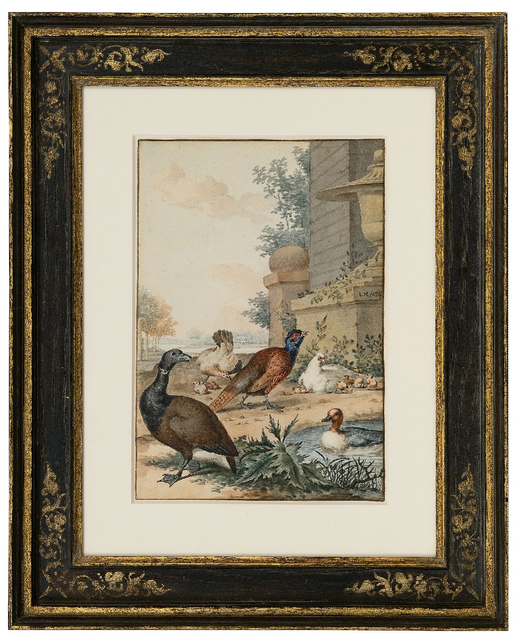 Heenck J. | Jabez Heenck | Aquarellen en tekeningen te koop aangeboden | Een Tafeleend en andere vogels in een parklandschap, aquarel op papier 26,5 x 18,1 cm, gesigneerd rechts van het midden met monogram en gedateerd 1776 Heenck J. | Jabez Heenck | Aquarellen en tekeningen te koop aangeboden | Een Tafeleend en andere vogels in een parklandschap, aquarel op papier 26,5 x 18,1 cm, gesigneerd rechts van het midden met monogram en gedateerd 1776
