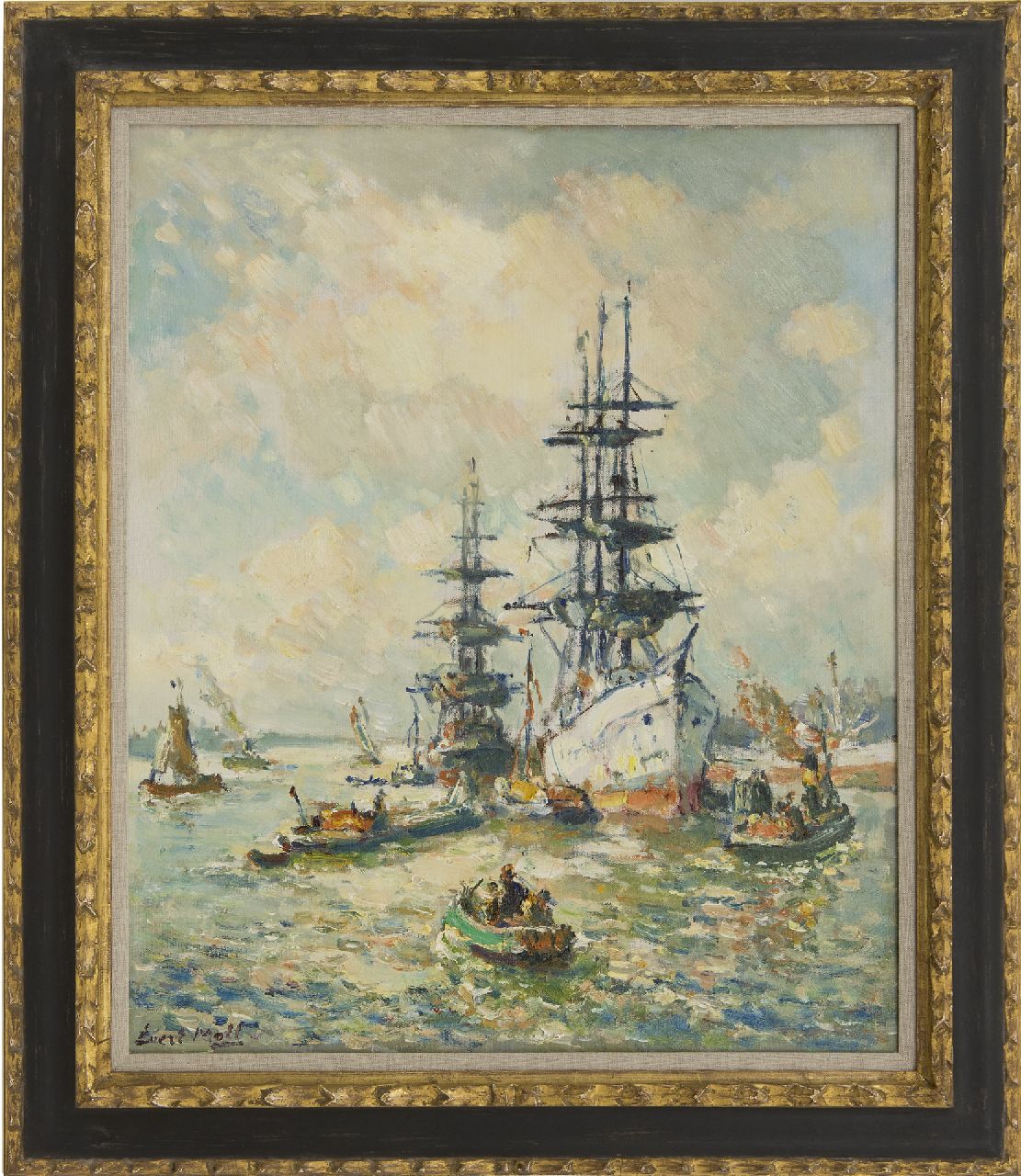 Moll E. | Evert Moll | Schilderijen te koop aangeboden | Driemasters op de Maas bij Rotterdam, olieverf op doek 60,2 x 50,2 cm, gesigneerd linksonder Moll E. | Evert Moll | Schilderijen te koop aangeboden | Driemasters op de Maas bij Rotterdam, olieverf op doek 60,2 x 50,2 cm, gesigneerd linksonder