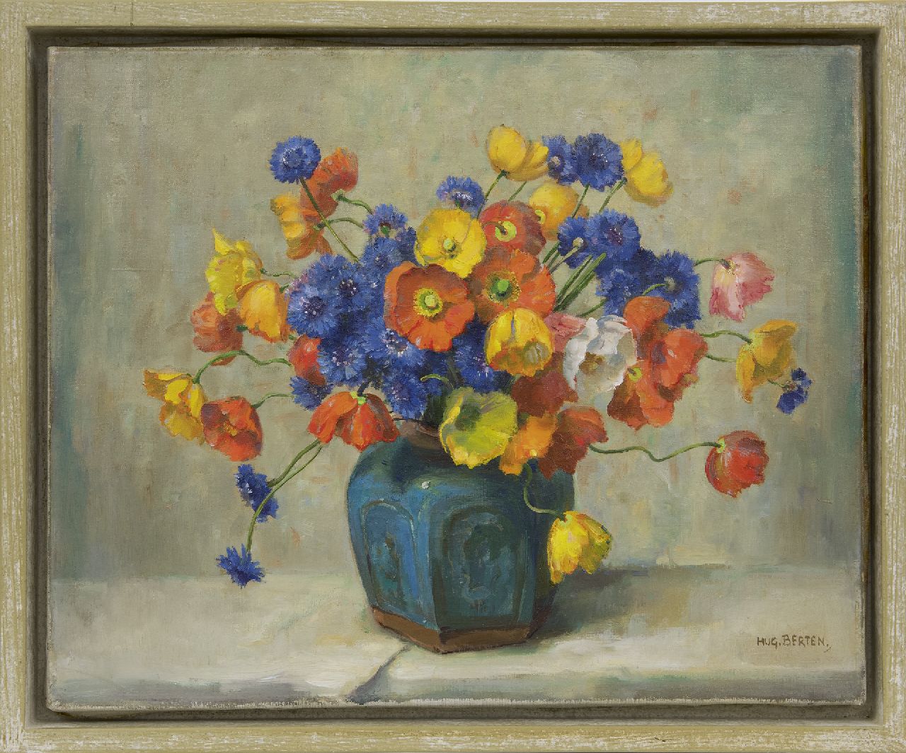 Berten H.H. | Hermann 'Hugo' Berten, Klaprozen en korenbloemen in een gemberpot, olieverf op doek 40,3 x 50,2 cm, gesigneerd rechtsonder Berten H.H. | Hermann 'Hugo' Berten, Klaprozen en korenbloemen in een gemberpot, olieverf op doek 40,3 x 50,2 cm, gesigneerd rechtsonder