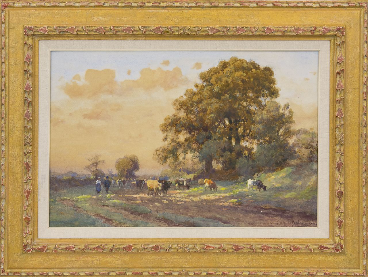 Sande Bakhuyzen J.J. van de | Julius Jacobus van de Sande Bakhuyzen | Aquarellen en tekeningen te koop aangeboden | Vroege zomermorgen in Drenthe, aquarel op papier 34,0 x 52,0 cm, gesigneerd rechtsonder