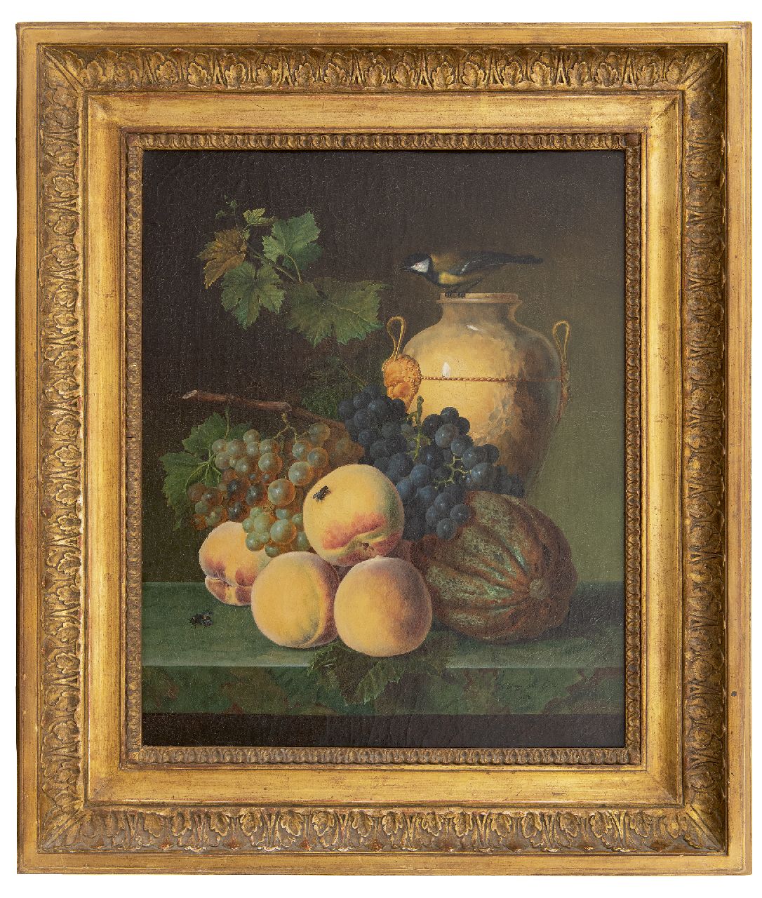 Génin O.M.  | Olympe Mouette Génin, Stilleven met perziken, kruik en vogeltje, olieverf op doek 49,0 x 39,9 cm, gesigneerd rechtsonder en gedateerd 1818