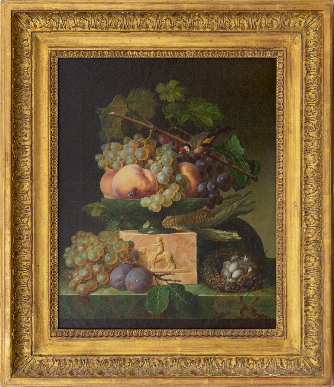 Génin O.M.  | Olympe Mouette Génin, Stilleven met druiven, een vogelnestje en een puttertje, olieverf op doek 49,2 x 39,8 cm, gesigneerd rechtsonder en gedateerd 1819