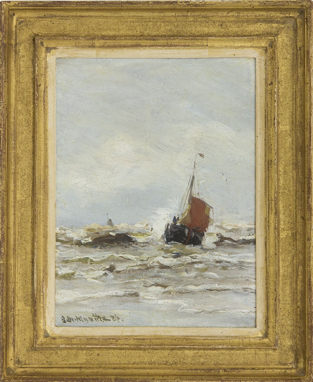 Munthe G.A.L.  | Gerhard Arij Ludwig 'Morgenstjerne' Munthe, Bomschuit in de branding, olieverf op schildersboard 20,0 x 15,0 cm, gesigneerd linksonder en gedateerd '24