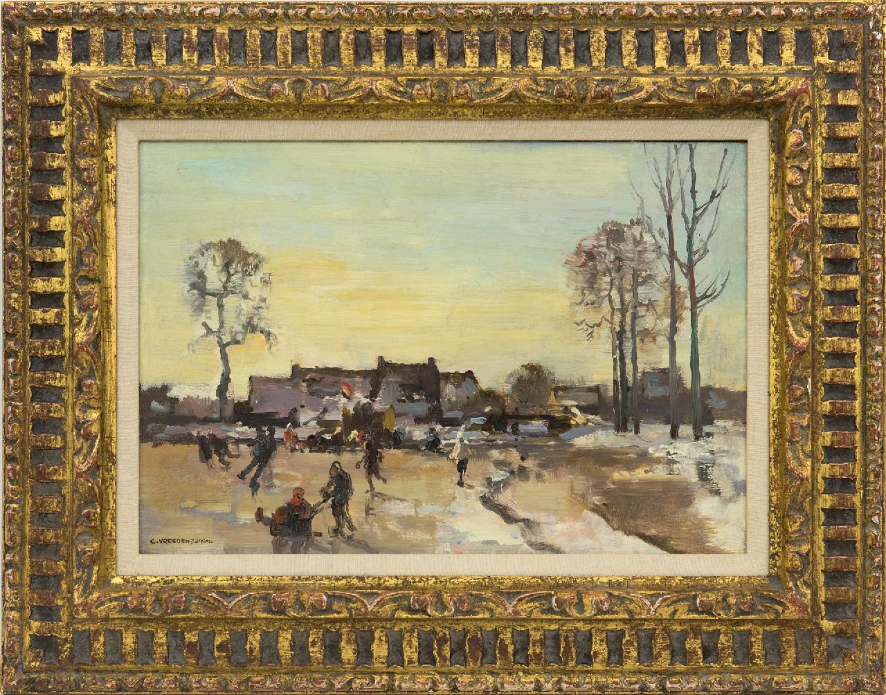 Vreedenburgh C. | Cornelis Vreedenburgh, Schaatsvertier, olieverf op paneel 23,9 x 35,1 cm, gesigneerd linksonder Vreedenburgh C. | Cornelis Vreedenburgh, Schaatsvertier, olieverf op paneel 23,9 x 35,1 cm, gesigneerd linksonder