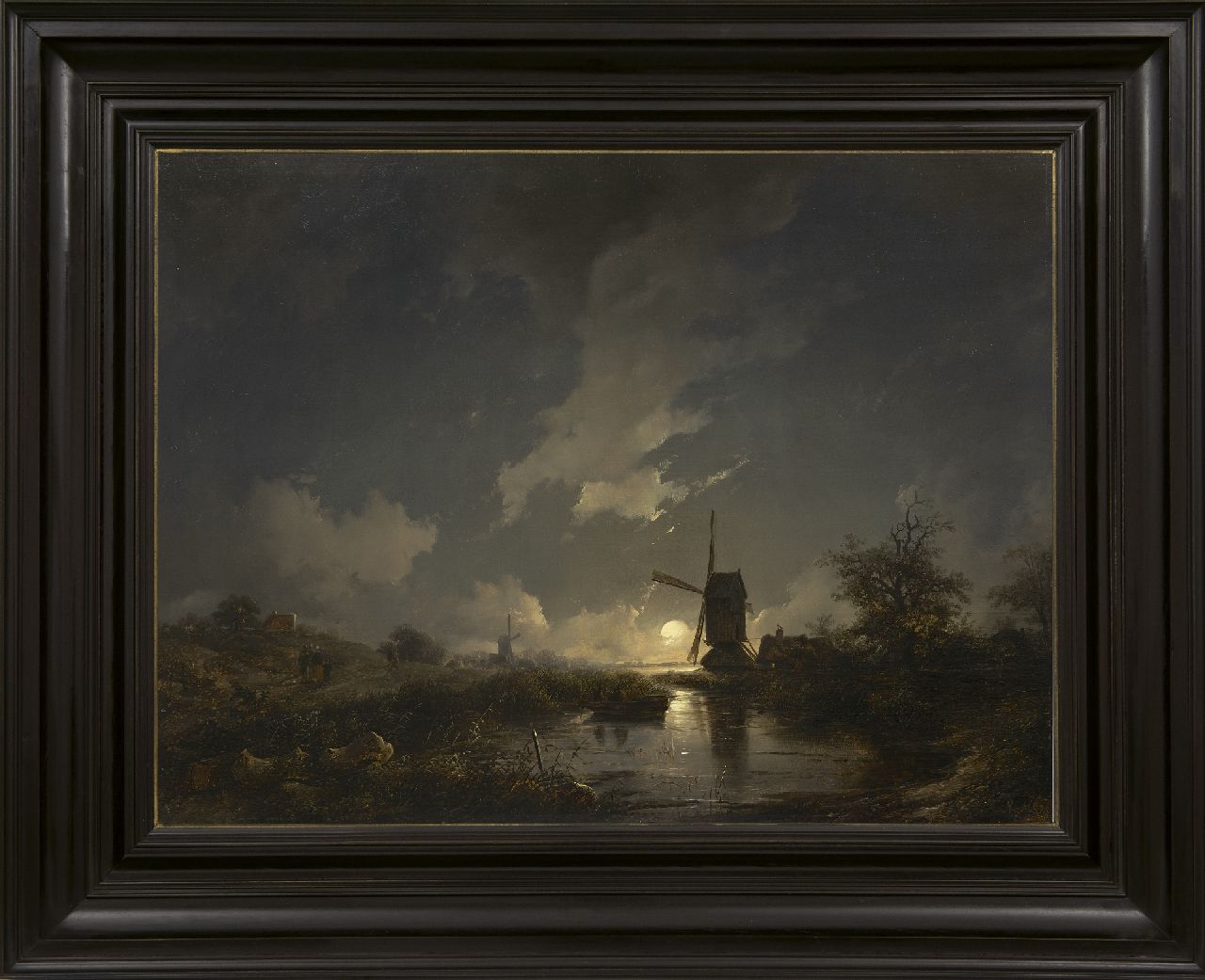 Haanen R.A.  | Remigius Adrianus Haanen, Maanverlicht polderlandschap met molens, olieverf op paneel 51,0 x 67,4 cm, gesigneerd rechtsonder met initialen