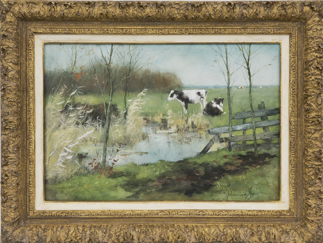 Scherrewitz J.F.C.  | Johan Frederik Cornelis Scherrewitz | Aquarellen en tekeningen te koop aangeboden | Twee kalveren in de wei, aquarel op papier 30,1 x 44,3 cm, gesigneerd rechtsonder