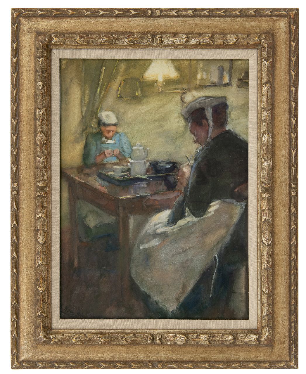 Adriani-Hovy E.M.H.  | 'Elisabeth' Marie Hendrika Adriani-Hovy | Aquarellen en tekeningen te koop aangeboden | Handwerkende dienstbodes bij lamplicht, pastel op papier 49,4 x 38,7 cm, gesigneerd linksonder en gedateerd '94