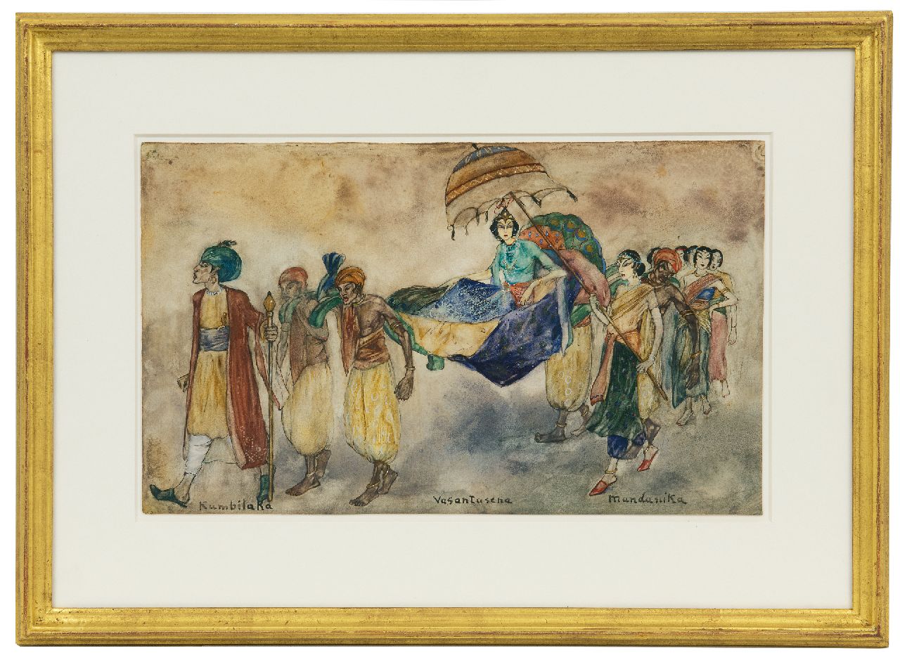 Hoboken J. van | Jacoba 'Jemmy' van Hoboken | Aquarellen en tekeningen te koop aangeboden | Kumbilaka, Vasantasena en Mundanika, pen, inkt en aquarel op papier 22,5 x 37,7 cm