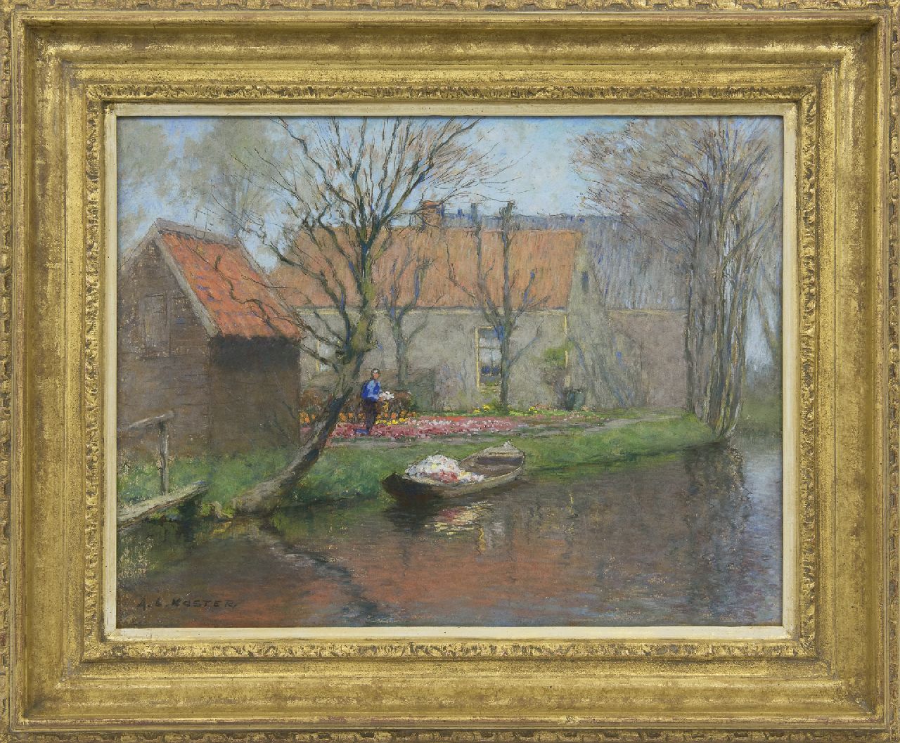 Koster A.L.  | Anton Louis 'Anton' Koster, Het wegvoeren van afgesneden tulpen, pastel op board 39,0 x 51,5 cm, gesigneerd linksonder