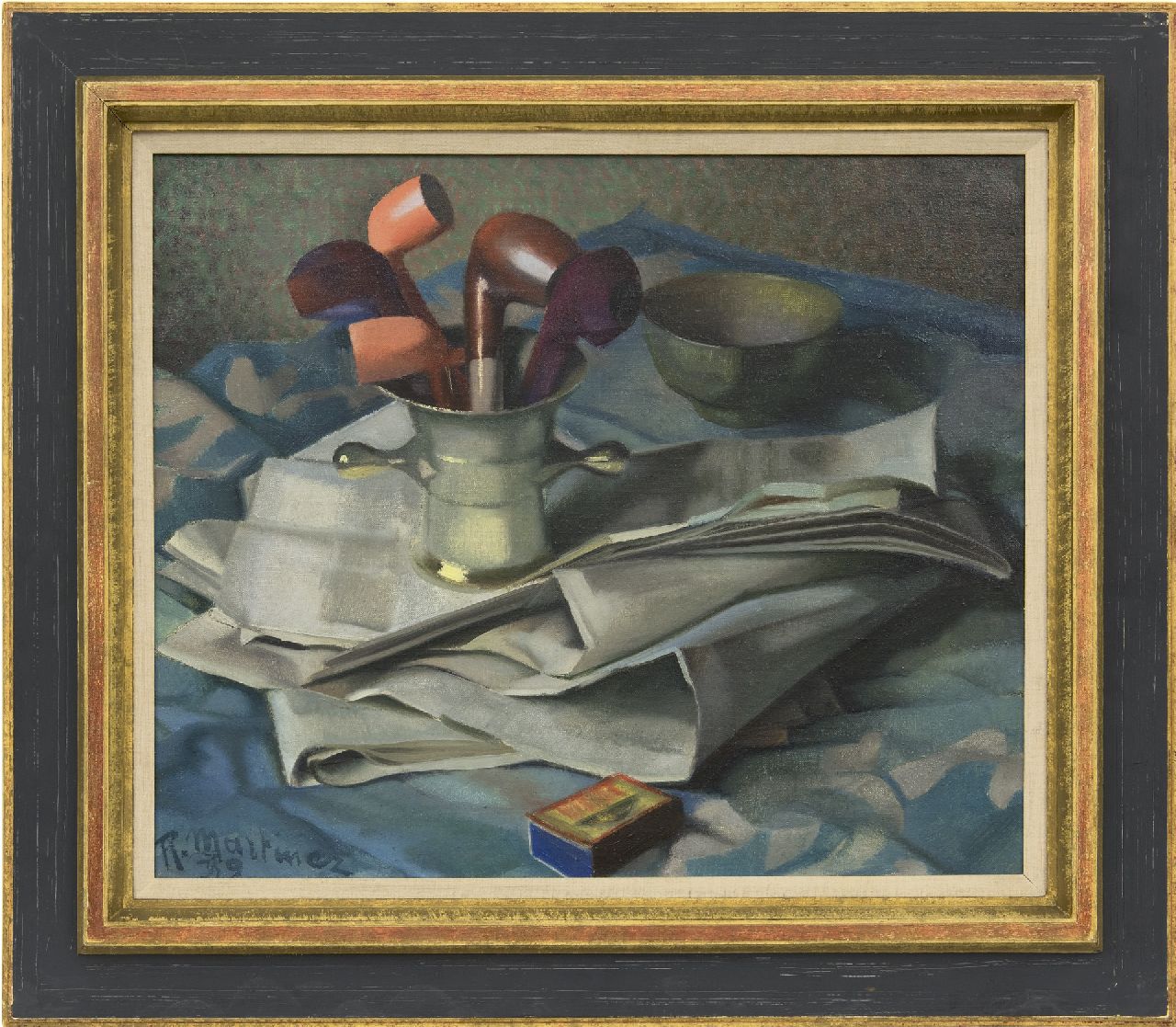 Martinez R.  | Raoul Martinez | Schilderijen te koop aangeboden | Vijzel met pijpen en courant, olieverf op doek 46,2 x 55,3 cm, gesigneerd linksonder en gedateerd '39