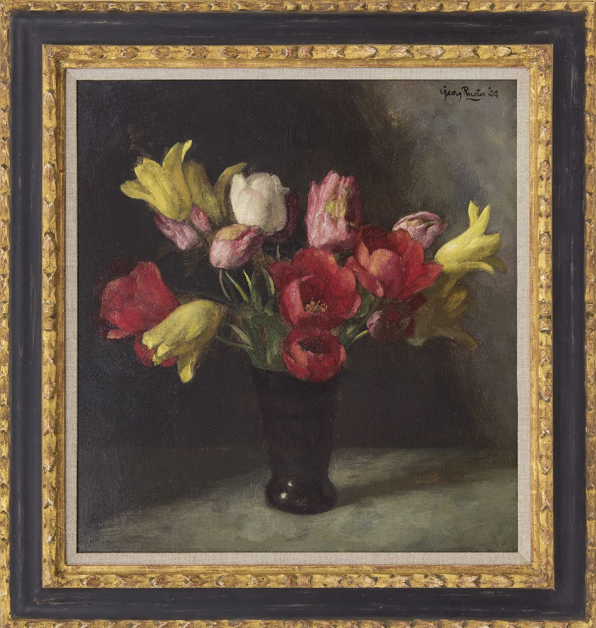 Rueter W.C.G. | Wilhelm Christian 'Georg' Rueter, Tulpen, olieverf op paneel 48,6 x 45,1 cm, gesigneerd rechtsboven en gedateerd '44 Rueter W.C.G. | Wilhelm Christian 'Georg' Rueter, Tulpen, olieverf op paneel 48,6 x 45,1 cm, gesigneerd rechtsboven en gedateerd '44