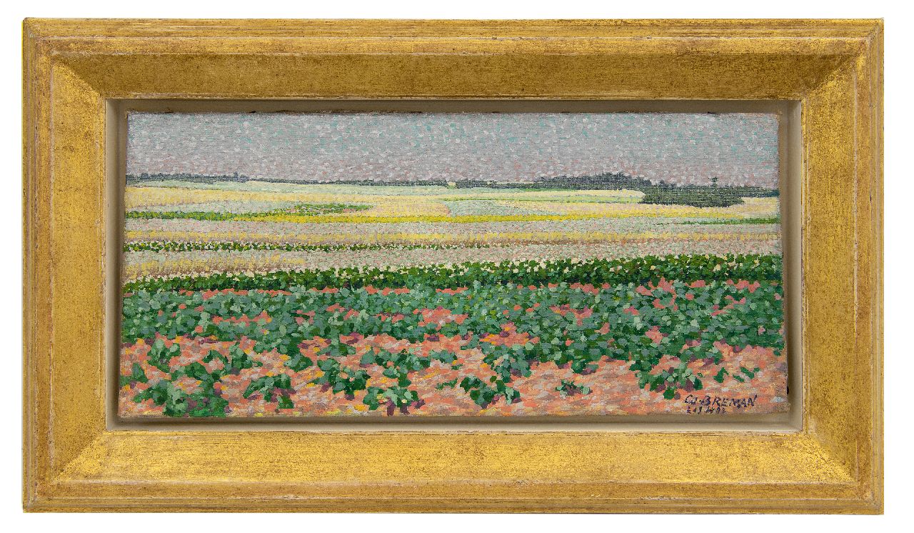 Breman A.J.  | Ahazueros Jacobus 'Co' Breman | Schilderijen te koop aangeboden | Zomerlandschap met aardappel- en boekweitvelden in Laren, olieverf op doek 18,7 x 40,5 cm, gesigneerd rechtsonder en gedateerd 'L 1 7 1903'
