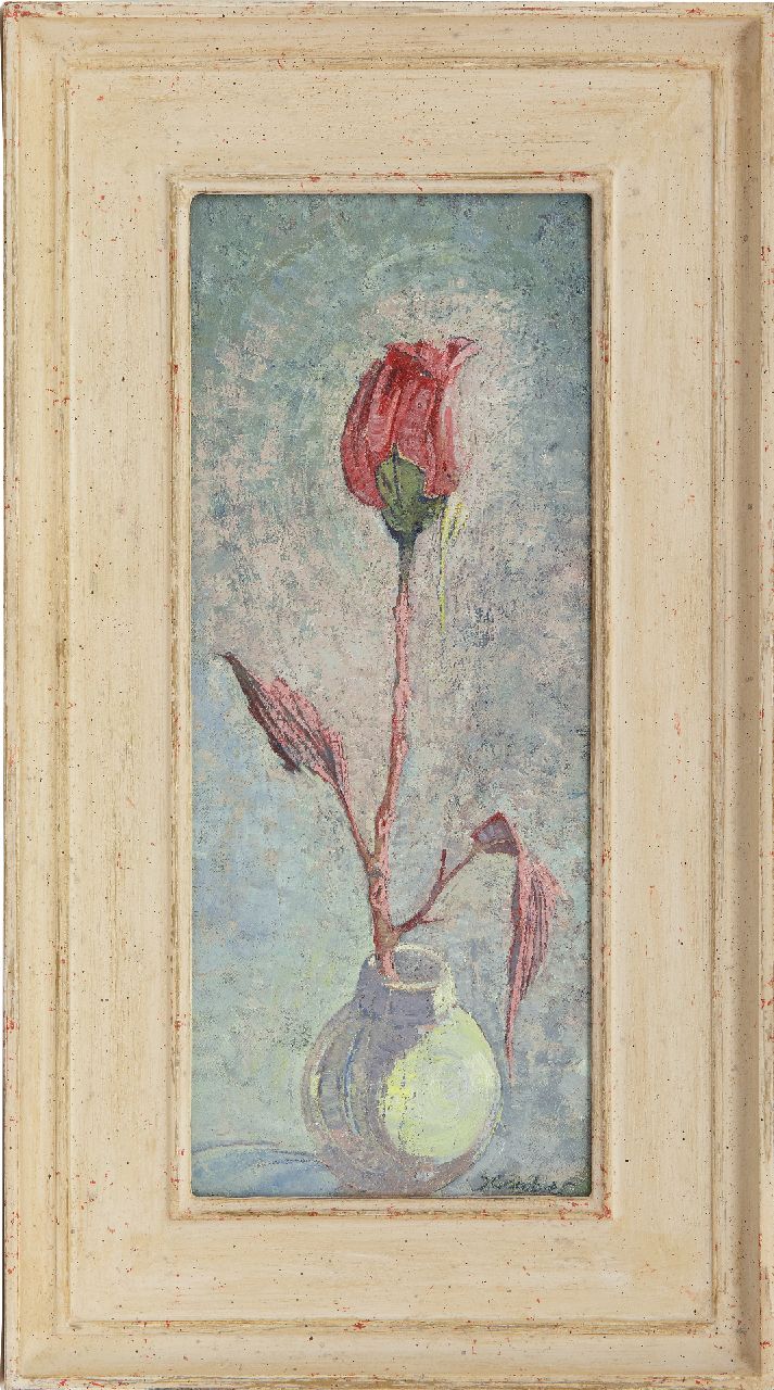 Cambier J.Z. | 'Juliette' Ziane Cambier, Roos in vaasje, olieverf op doek op board 40,1 x 16,6 cm, gesigneerd rechtsonder Cambier J.Z. | 'Juliette' Ziane Cambier, Roos in vaasje, olieverf op doek op board 40,1 x 16,6 cm, gesigneerd rechtsonder