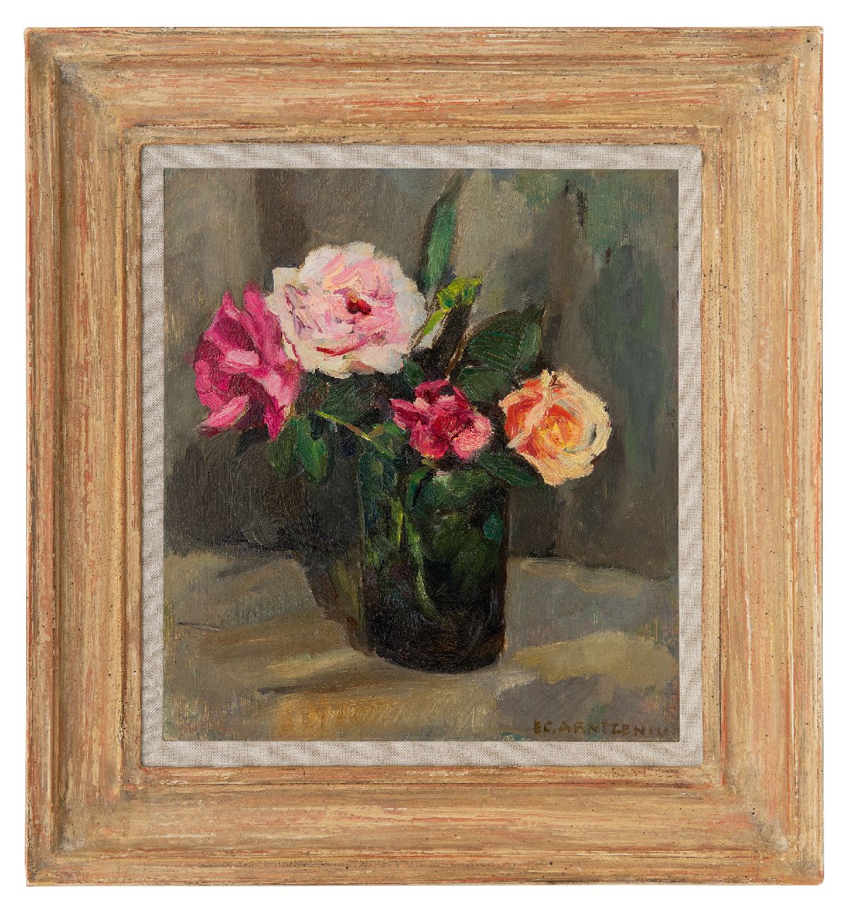 Arntzenius E.C. | Elise Claudine Arntzenius, Rozen in groen glazen vaas, olieverf op paneel 25,9 x 24,0 cm, gesigneerd rechtsonder Arntzenius E.C. | Elise Claudine Arntzenius, Rozen in groen glazen vaas, olieverf op paneel 25,9 x 24,0 cm, gesigneerd rechtsonder