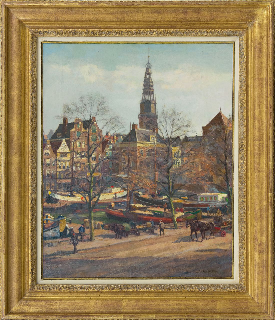 Haaren D.J. van | 'Dirk' Johannes van Haaren | Schilderijen te koop aangeboden | Stadsgezicht van Amsterdam met de Oudekerkstoren, olieverf op doek 58,1 x 47,0 cm, gesigneerd rechtsonder Haaren D.J. van | 'Dirk' Johannes van Haaren | Schilderijen te koop aangeboden | Stadsgezicht van Amsterdam met de Oudekerkstoren, olieverf op doek 58,1 x 47,0 cm, gesigneerd rechtsonder