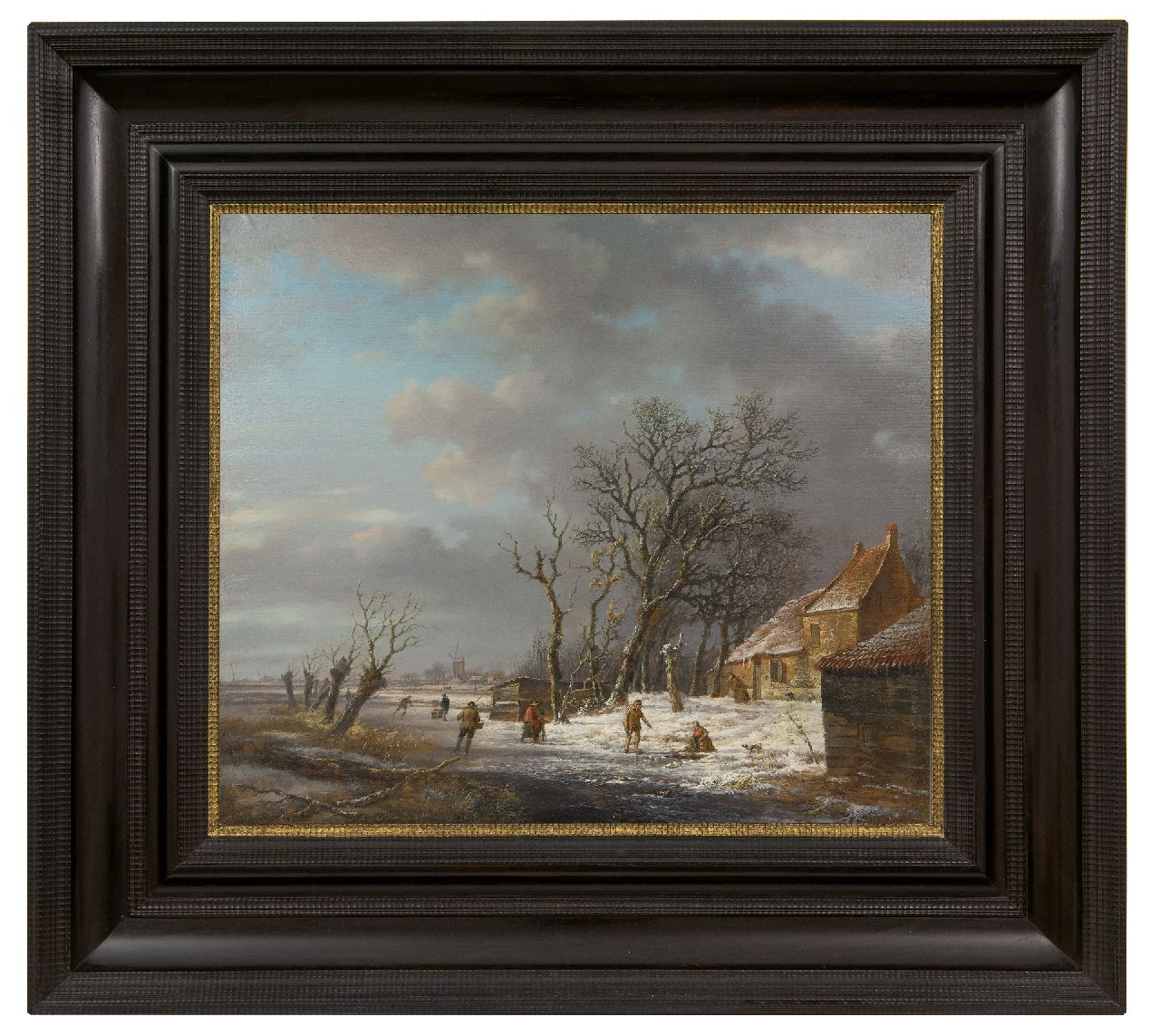 Schelfhout A.  | Andreas Schelfhout, Winterlandschap met schaatsers en een wasvrouw bij een ijsgat, olieverf op paneel 37,0 x 43,1 cm, gesigneerd linksonder en te dateren ca. 1818