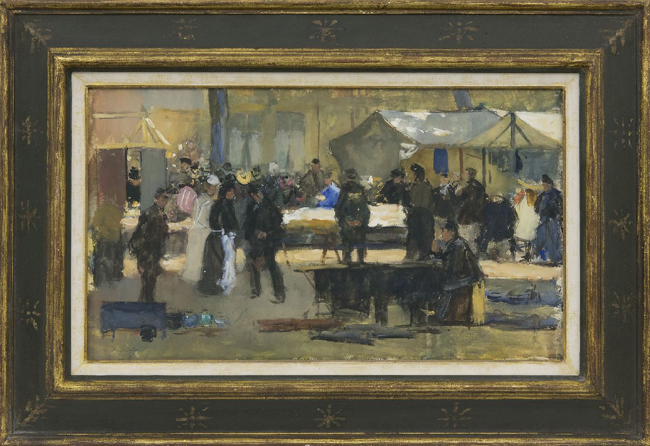Arntzenius P.F.N.J. | Pieter Florentius Nicolaas Jacobus 'Floris' Arntzenius, Haagse stoffenmarkt, gouache op papier 29,1 x 49,3 cm, gesigneerd linksonder Arntzenius P.F.N.J. | Pieter Florentius Nicolaas Jacobus 'Floris' Arntzenius, Haagse stoffenmarkt, gouache op papier 29,1 x 49,3 cm, gesigneerd linksonder
