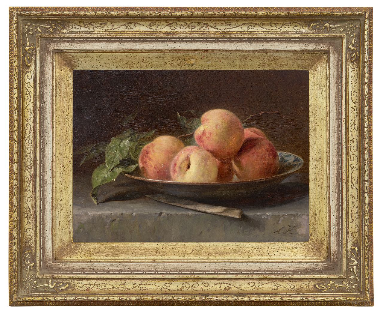 Haanen A.J.  | 'Adriana' Johanna Haanen, Perziken in een schaal op stenen plint, olieverf op paneel 23,4 x 32,0 cm, gesigneerd rechtsonder met initialen