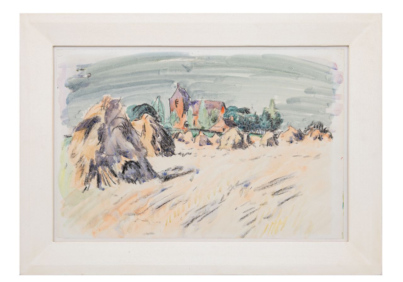Altink J. | Jan Altink, Zomerlandschap met het kerkje van Oostum, krijt en aquarel op papier 41,2 x 59,7 cm Altink J. | Jan Altink, Zomerlandschap met het kerkje van Oostum, krijt en aquarel op papier 41,2 x 59,7 cm