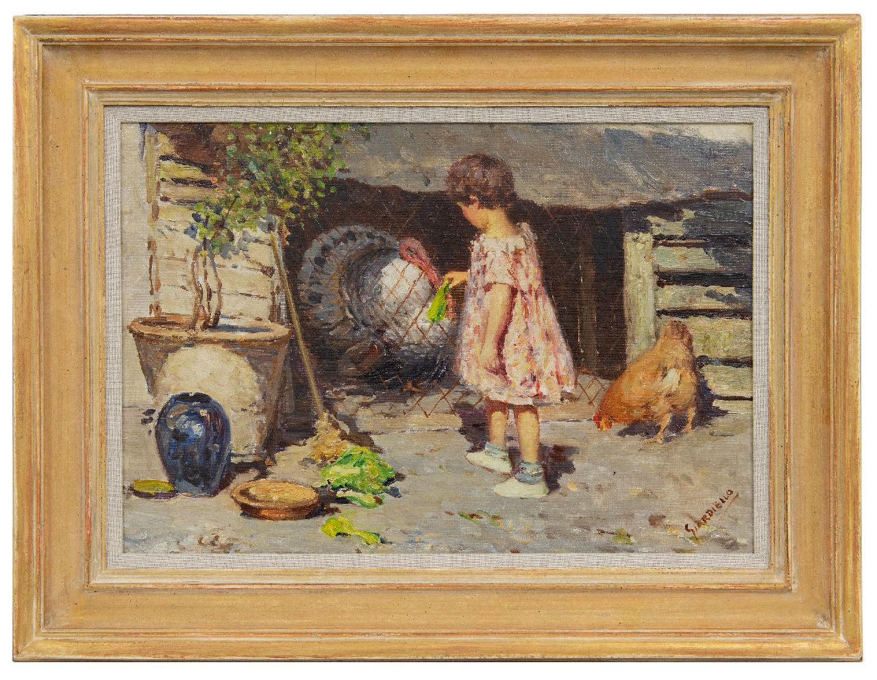 Giardiello G. | Giuseppe Giardiello, Meisje met kalkoen, olieverf op doek 34,5 x 50,5 cm, gesigneerd rechtsonder Giardiello G. | Giuseppe Giardiello, Meisje met kalkoen, olieverf op doek 34,5 x 50,5 cm, gesigneerd rechtsonder
