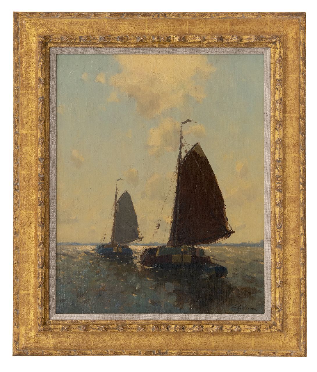 Ydema E.  | Egnatius Ydema, Tjalken op weg over het meer, olieverf op doek 50,3 x 40,4 cm, gesigneerd rechtsonder