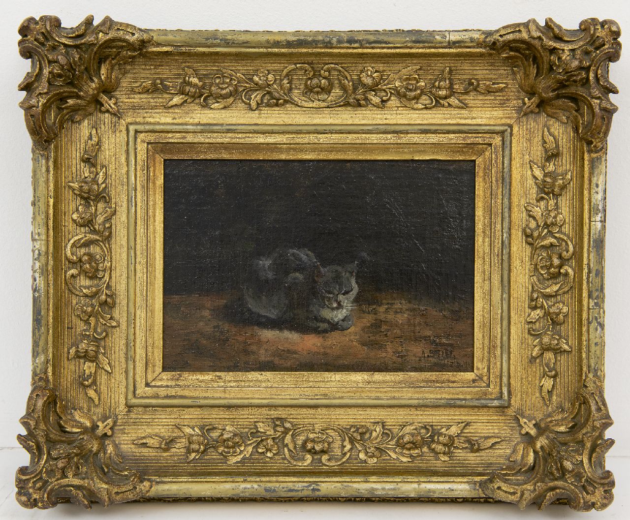 Briët A.H.C. | 'Arthur' Henri Christiaan Briët, Slapende grijze kat, olieverf op doek op paneel 13,0 x 20,8 cm, gesigneerd rechtsonder Briët A.H.C. | 'Arthur' Henri Christiaan Briët, Slapende grijze kat, olieverf op doek op paneel 13,0 x 20,8 cm, gesigneerd rechtsonder