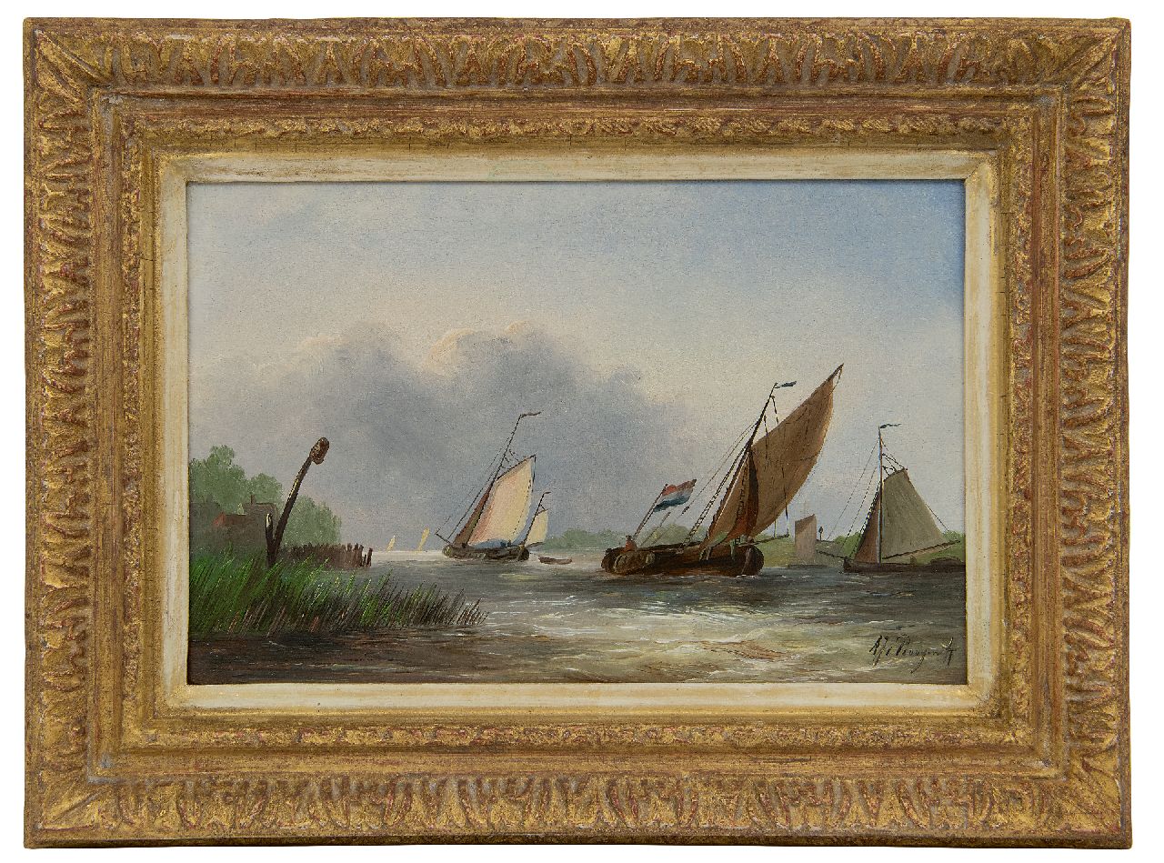 Prooijen A.J. van | Albert Jurardus van Prooijen | Schilderijen te koop aangeboden | Tjalken in een stevige bries, olieverf op paneel 17,5 x 26,4 cm, gesigneerd rechtsonder Prooijen A.J. van | Albert Jurardus van Prooijen | Schilderijen te koop aangeboden | Tjalken in een stevige bries, olieverf op paneel 17,5 x 26,4 cm, gesigneerd rechtsonder